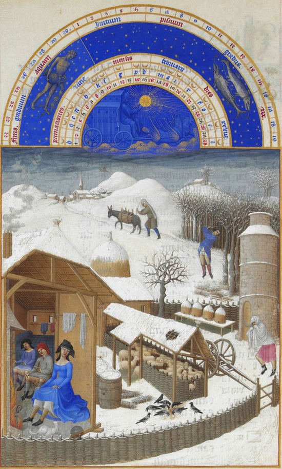 Très Riches Heures du duc de Berry, Folio 2, verso: February, Limbourg Brothers