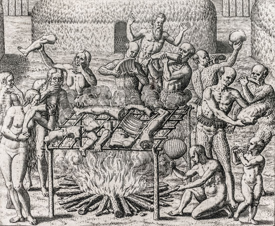 Cannibalism in Brazil, engraving, Theodor de Bry