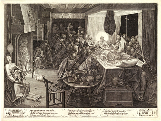 Pieter Breugel the Elder, Dormition of the Virgin, engraving by Phillips Galle